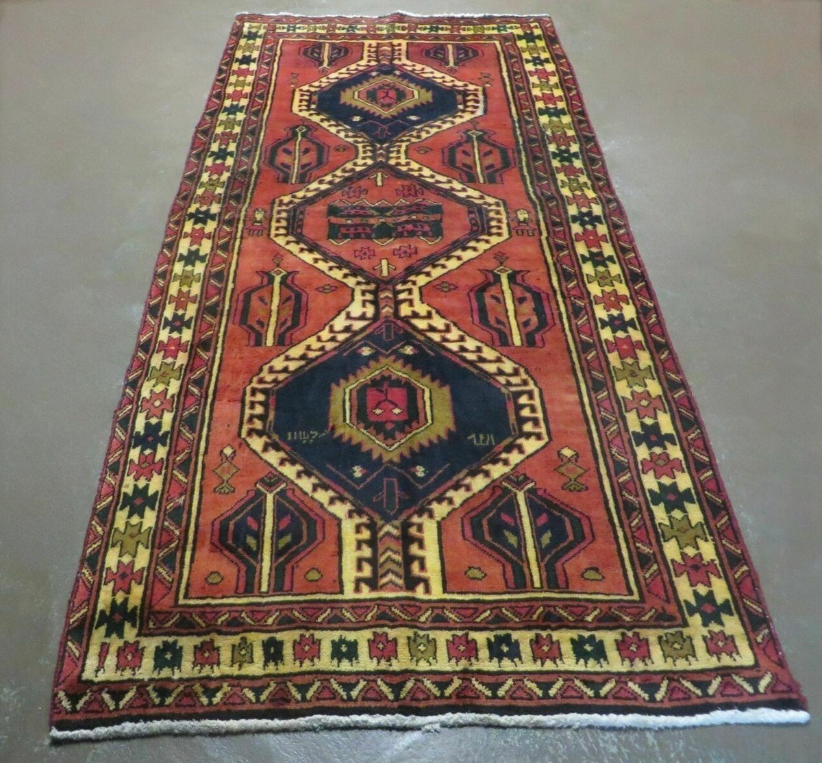 Persian Runner Rug 3x7, Tribal Geometric, Semi Antique Azerbaijan 3' 4" x 7' in Terracotta Red and Navy Blue - 2605J007