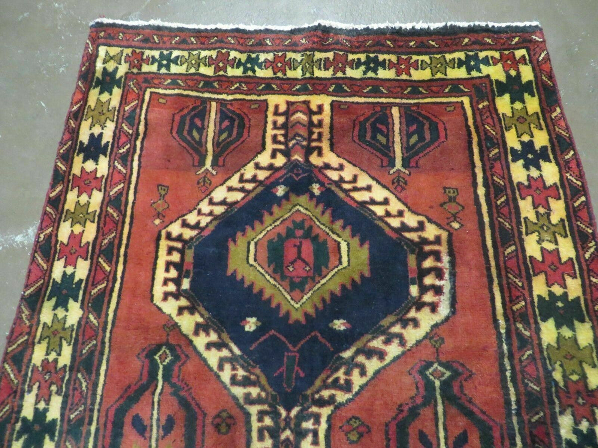 Persian Runner Rug 3x7, Tribal Geometric, Semi Antique Azerbaijan 3' 4" x 7' in Terracotta Red and Navy Blue - 2605J007