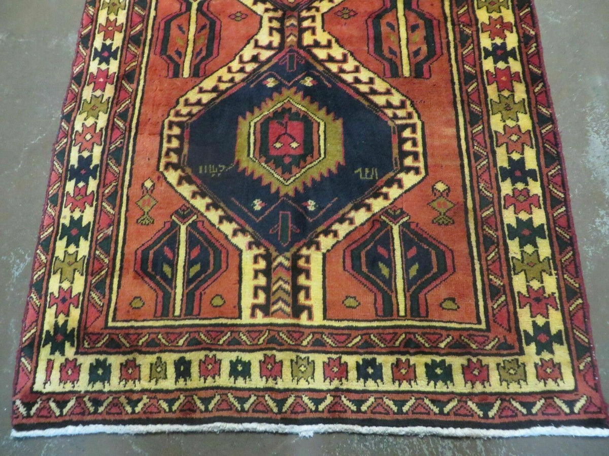 Persian Runner Rug 3x7, Tribal Geometric, Semi Antique Azerbaijan 3' 4" x 7' in Terracotta Red and Navy Blue - 2605J007