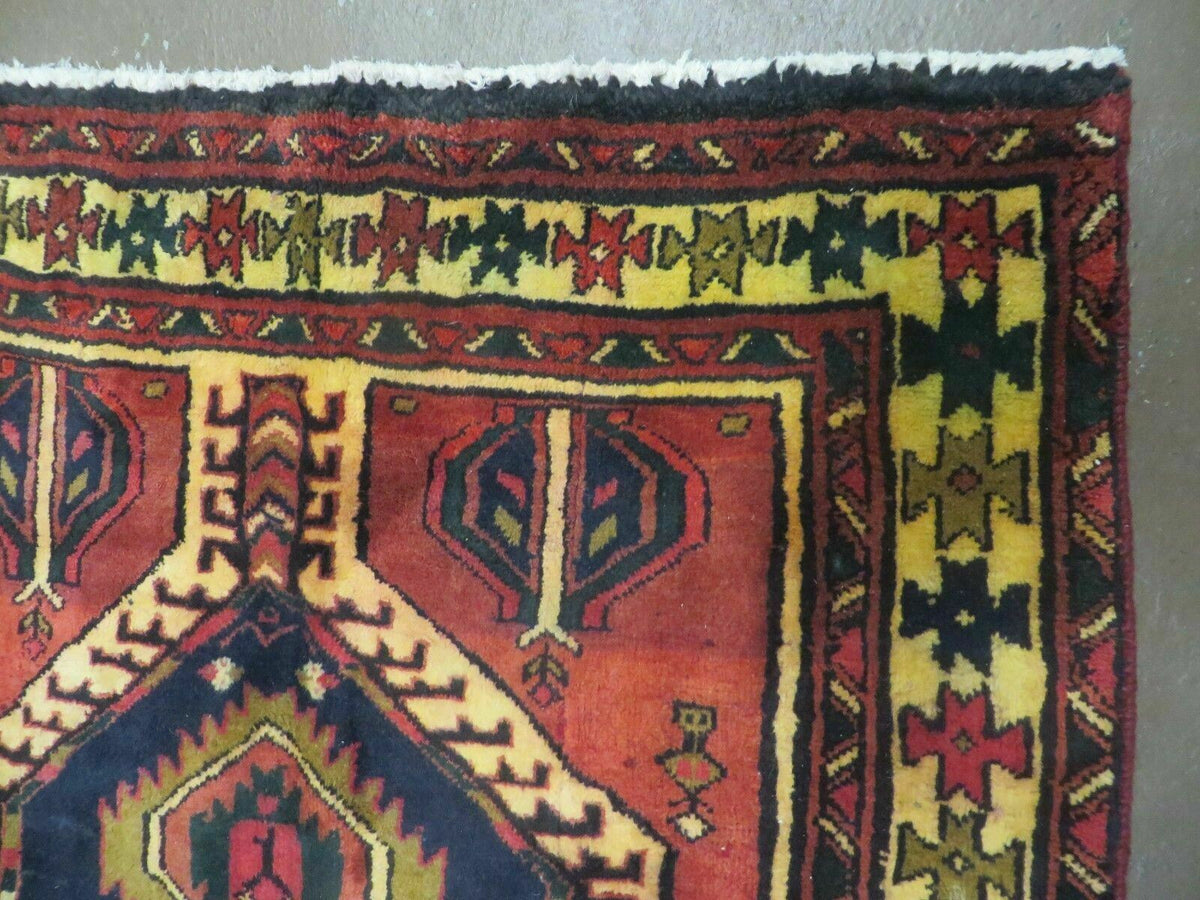 Persian Runner Rug 3x7, Tribal Geometric, Semi Antique Azerbaijan 3' 4" x 7' in Terracotta Red and Navy Blue - 2605J007