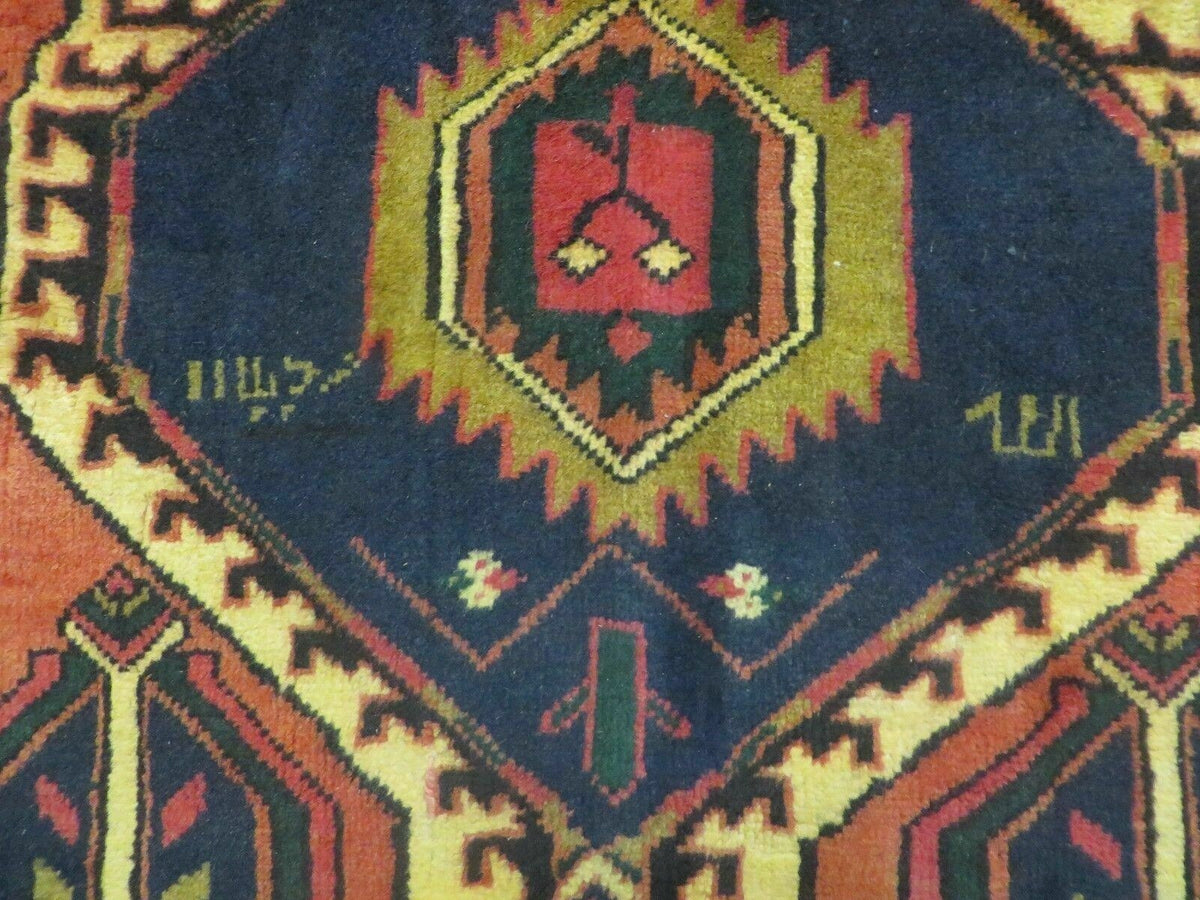 Persian Runner Rug 3x7, Tribal Geometric, Semi Antique Azerbaijan 3' 4" x 7' in Terracotta Red and Navy Blue - 2605J007