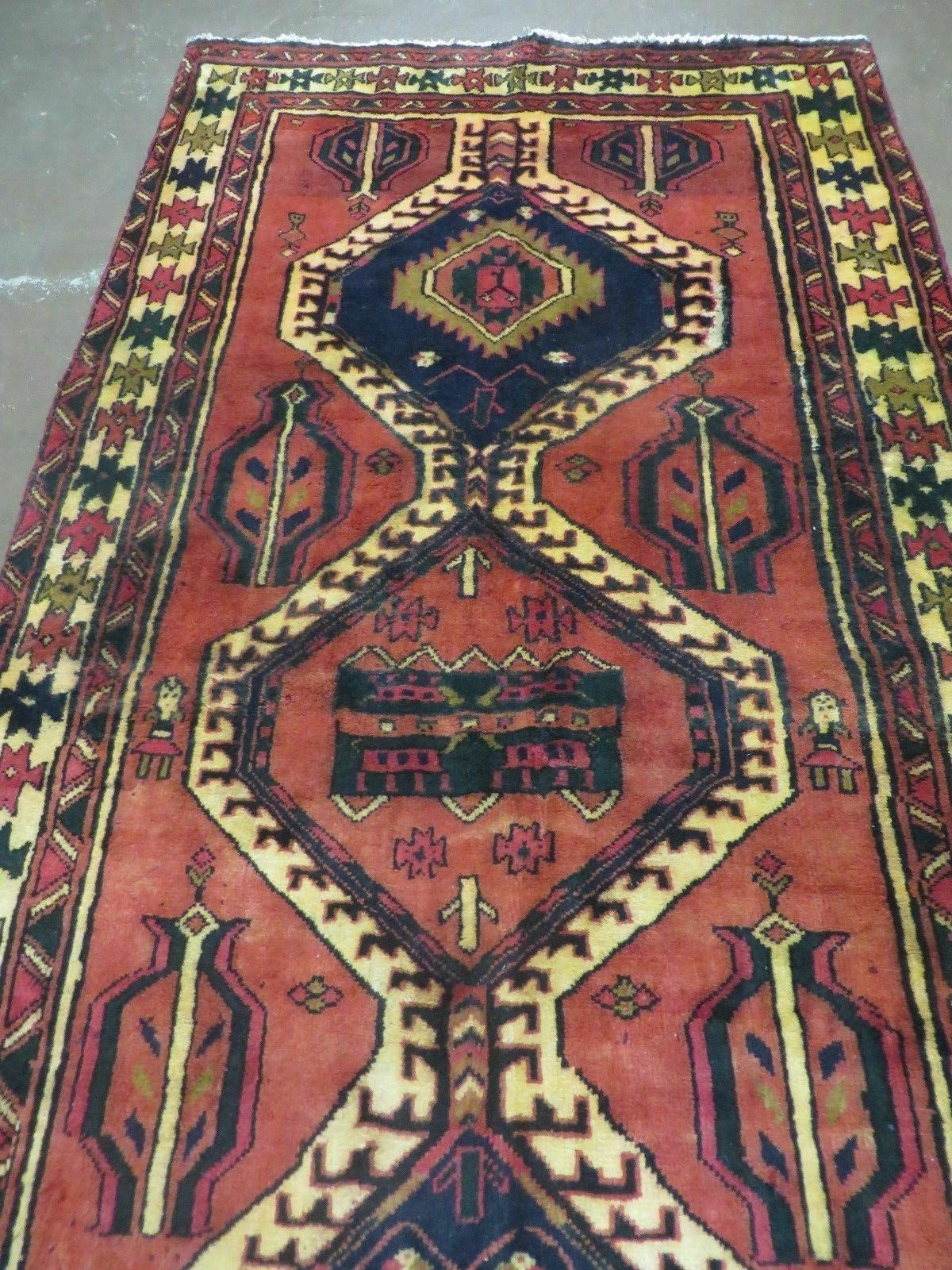Persian Runner Rug 3x7, Tribal Geometric, Semi Antique Azerbaijan 3' 4" x 7' in Terracotta Red and Navy Blue - 2605J007