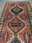 Persian Runner Rug 3x7, Tribal Geometric, Semi Antique Azerbaijan 3' 4" x 7' in Terracotta Red and Navy Blue - 2605J007