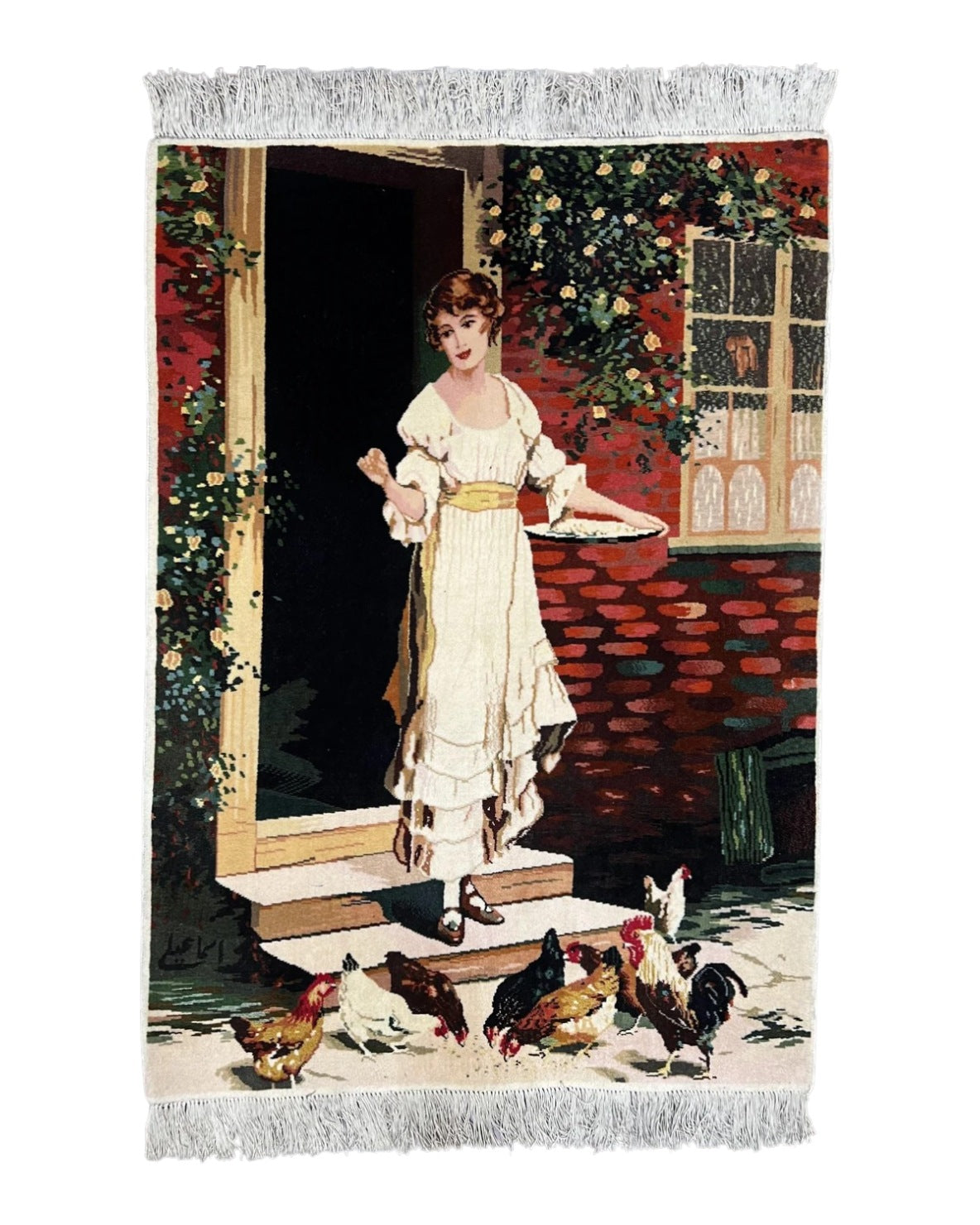 Persian Tabriz Pictorial Rug 2x3, Fine High KPSI Pictorial Carpet, Lady in Front of Home with Chickens 2 x 3 ft Oriental Rug Vintage Handmade Wool Azerbaijan 2.3x3.2 - 2210L037