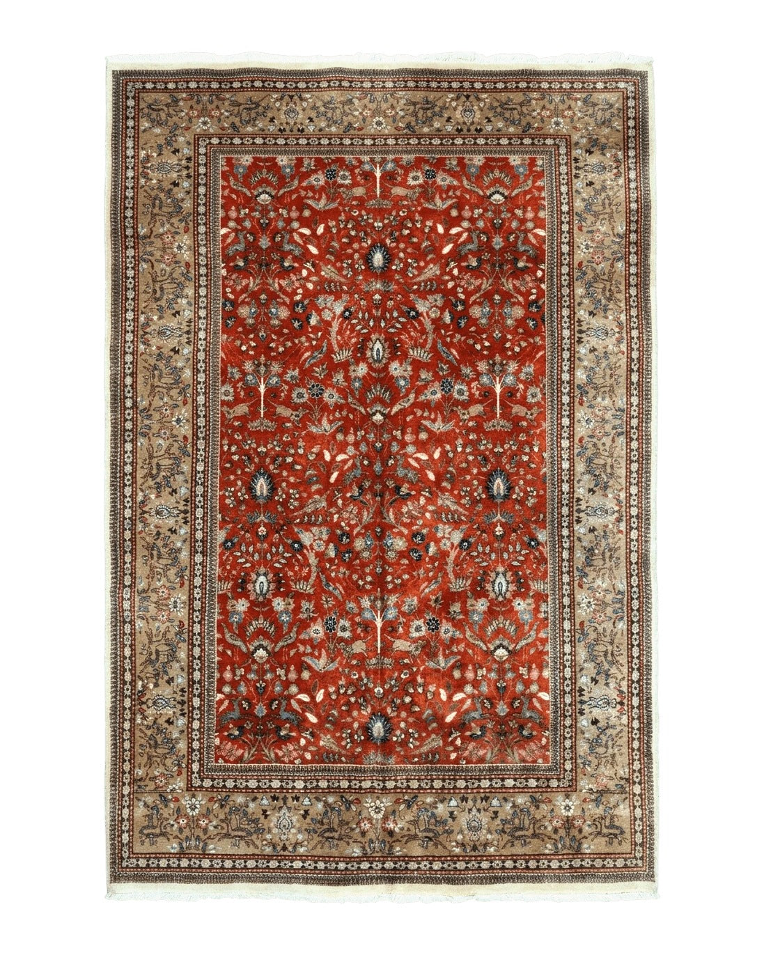 Persian Tabruz Rug 6x10, Burnt Orange and Tan, Animal Pictorials, Deer, Floral, Tabatabaie Carpet Azerbaijan 6.4x9.8 - 2405L078