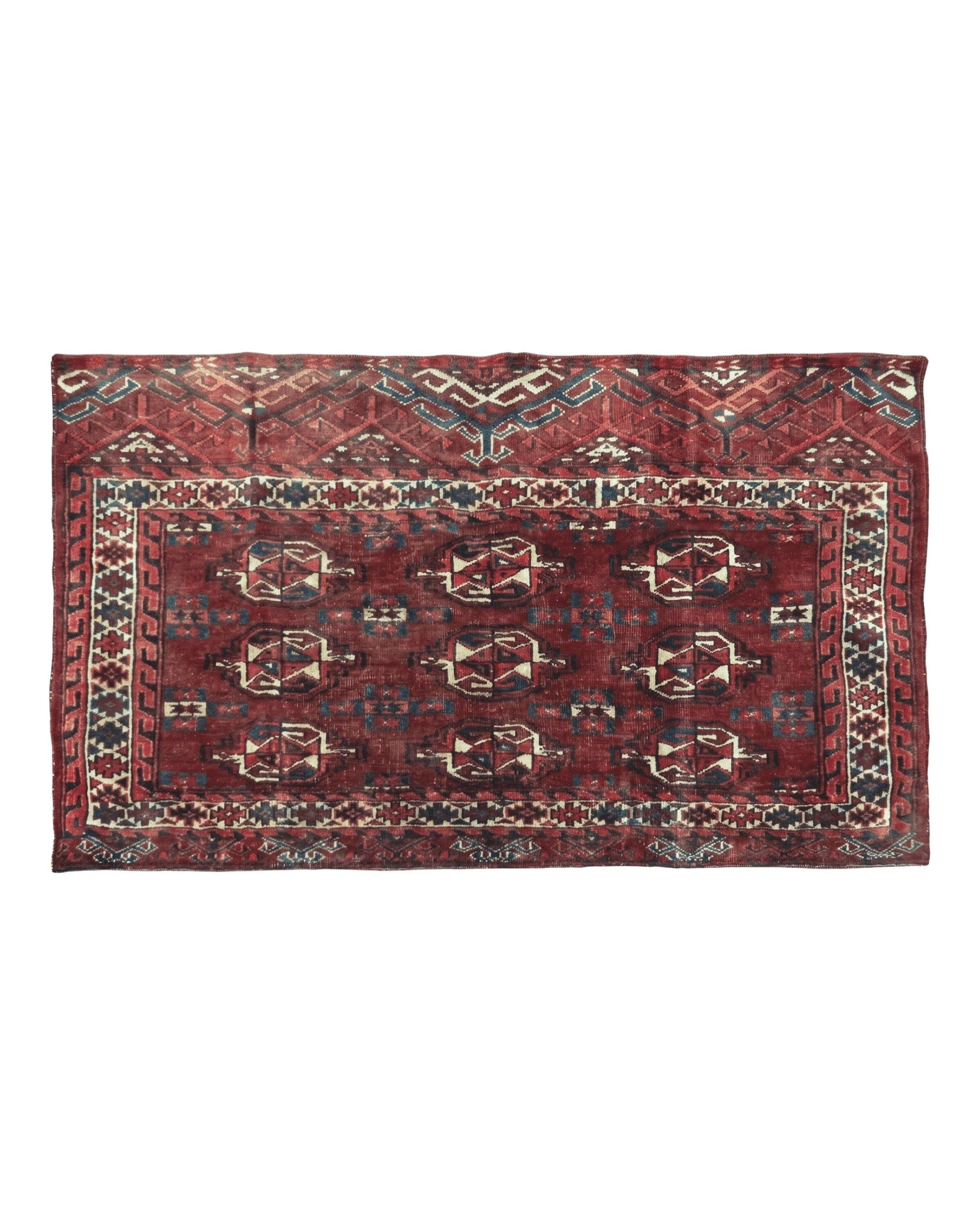 Persian Turkoman Rug 4x2, Antique Tribal Seat Cushion Azerbaijan 4' 2" x 2' 5" in Deep Red and Navy Blue, Cream - 2604J017