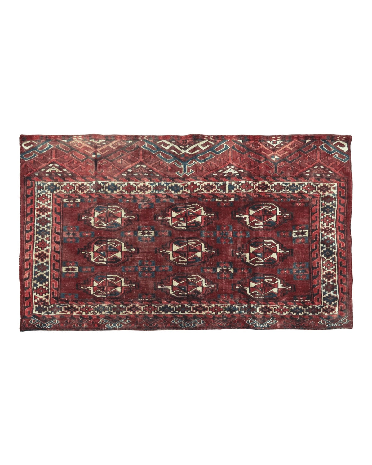 Persian Turkoman Rug 4x2, Antique Tribal Seat Cushion Azerbaijan 4' 2" x 2' 5" in Deep Red and Navy Blue, Cream - 2604J017