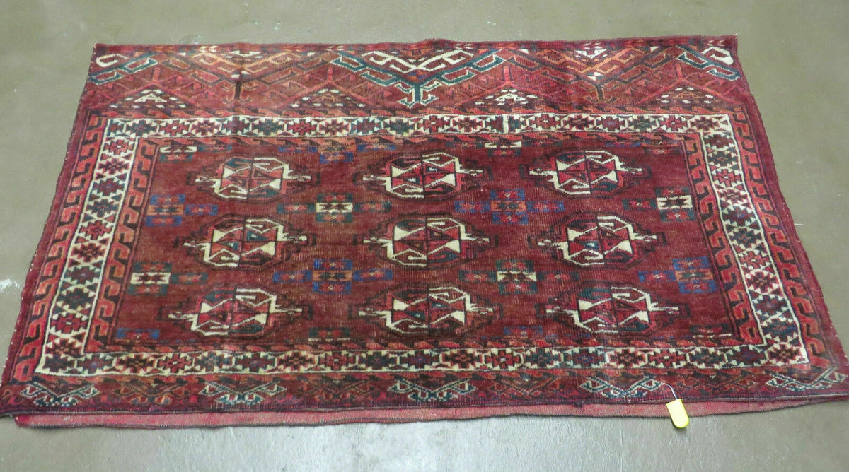 Persian Turkoman Rug 4x2, Antique Tribal Seat Cushion Azerbaijan 4' 2" x 2' 5" in Deep Red and Navy Blue, Cream - 2604J017