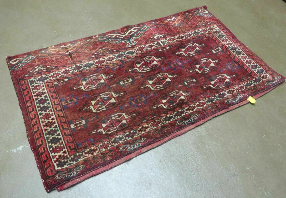 Persian Turkoman Rug 4x2, Antique Tribal Seat Cushion Azerbaijan 4' 2" x 2' 5" in Deep Red and Navy Blue, Cream - 2604J017