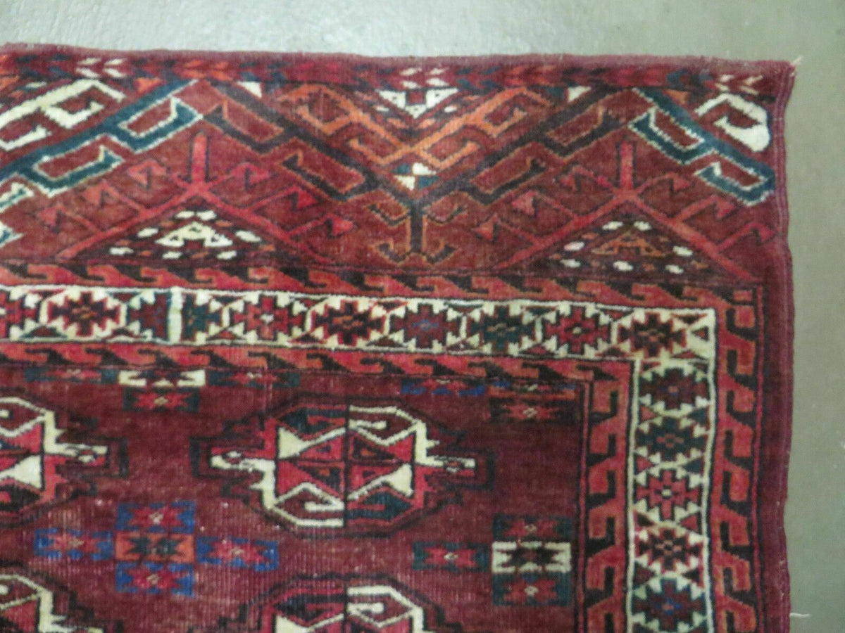 Persian Turkoman Rug 4x2, Antique Tribal Seat Cushion Azerbaijan 4' 2" x 2' 5" in Deep Red and Navy Blue, Cream - 2604J017