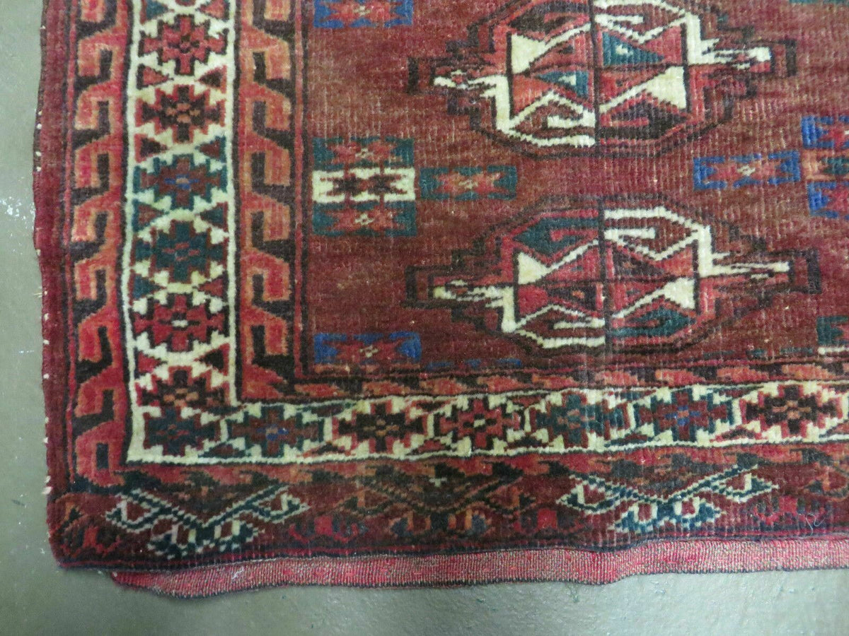 Persian Turkoman Rug 4x2, Antique Tribal Seat Cushion Azerbaijan 4' 2" x 2' 5" in Deep Red and Navy Blue, Cream - 2604J017