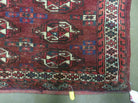 Persian Turkoman Rug 4x2, Antique Tribal Seat Cushion Azerbaijan 4' 2" x 2' 5" in Deep Red and Navy Blue, Cream - 2604J017