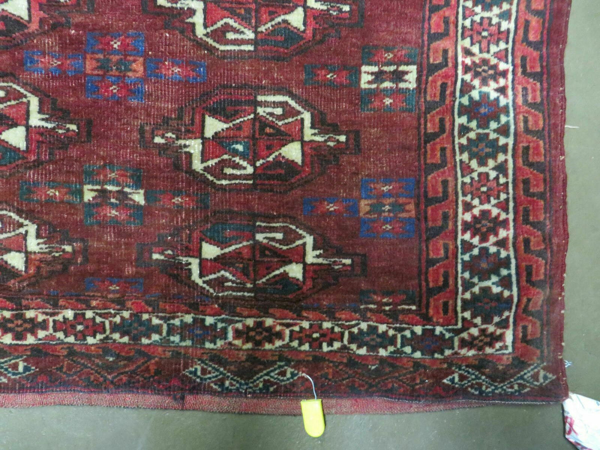 Persian Turkoman Rug 4x2, Antique Tribal Seat Cushion Azerbaijan 4' 2" x 2' 5" in Deep Red and Navy Blue, Cream - 2604J017