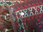 Persian Turkoman Rug 4x2, Antique Tribal Seat Cushion Azerbaijan 4' 2" x 2' 5" in Deep Red and Navy Blue, Cream - 2604J017