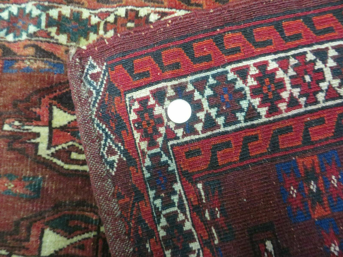 Persian Turkoman Rug 4x2, Antique Tribal Seat Cushion Azerbaijan 4' 2" x 2' 5" in Deep Red and Navy Blue, Cream - 2604J017