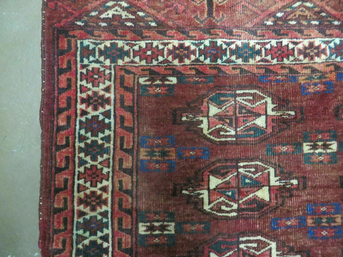 Persian Turkoman Rug 4x2, Antique Tribal Seat Cushion Azerbaijan 4' 2" x 2' 5" in Deep Red and Navy Blue, Cream - 2604J017