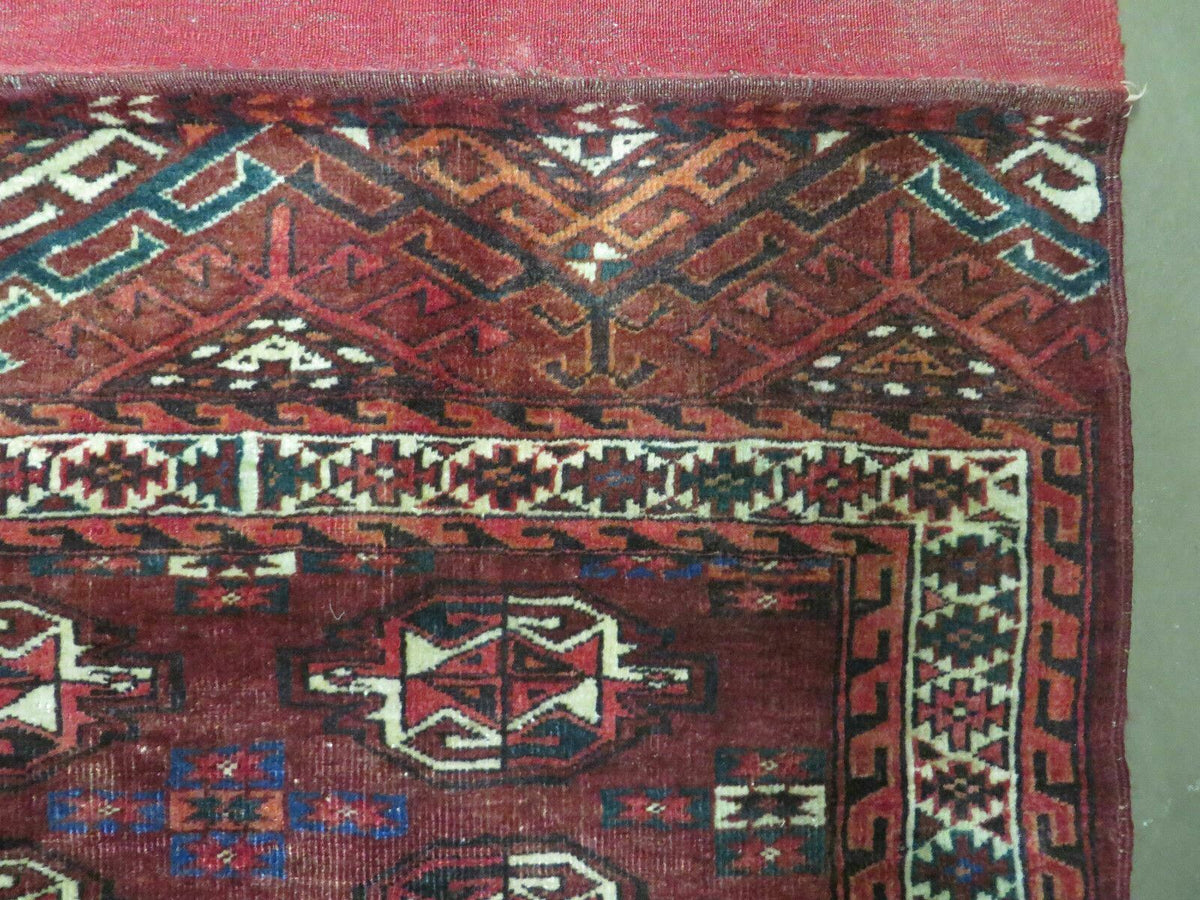 Persian Turkoman Rug 4x2, Antique Tribal Seat Cushion Azerbaijan 4' 2" x 2' 5" in Deep Red and Navy Blue, Cream - 2604J017
