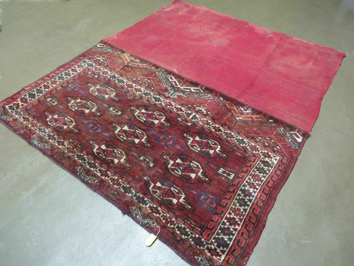 Persian Turkoman Rug 4x2, Antique Tribal Seat Cushion Azerbaijan 4' 2" x 2' 5" in Deep Red and Navy Blue, Cream - 2604J017