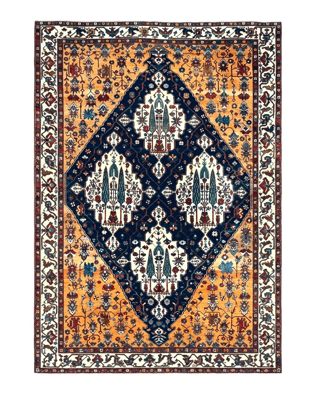 Rare Persian Bakhtiyari Rug 14x19, Wool Hand Knotted Antique Carpet, Navy Blue Mustard & Ivory, Tree of Life, Marvelous, Oversized Extra Large Azerbaijan 13.6x19.4 - 2306L048