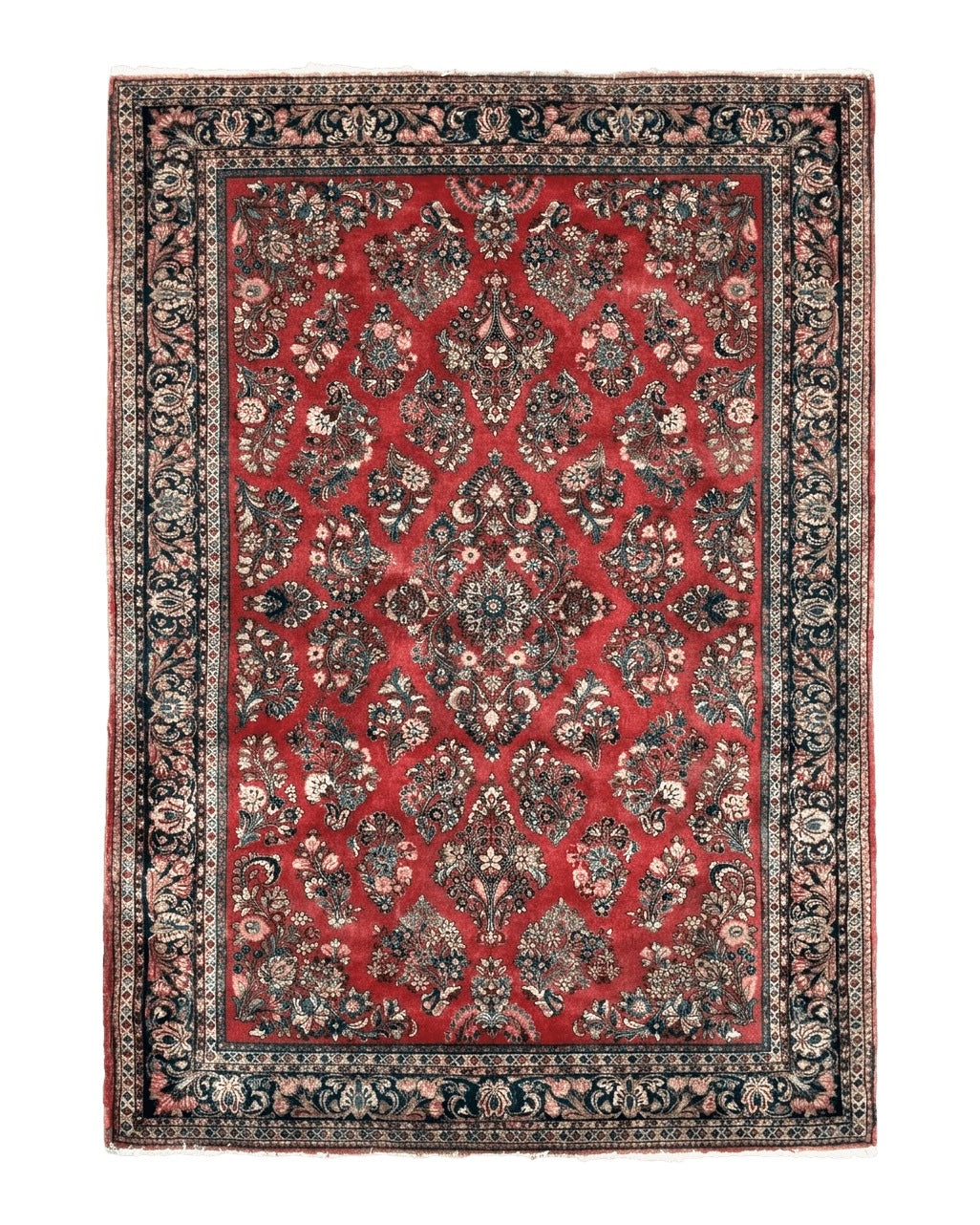 Sarouk Rug 4x6 – Red and Navy, Hand-Knotted Wool, Vintage Persian Carpet Azerbaijan 4x5.5 - 2411L027