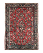 Sarouk Rug 4x6 – Red and Navy, Hand-Knotted Wool, Vintage Persian Carpet Azerbaijan 4x5.5 - 2411L027