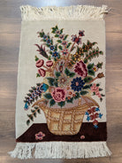 Small Persian Tabriz Vase Pictorial Rug 1x2, Accent Rug, Fine 320 KPSI Azerbaijan 1' 5" x 2' in Ivory and Multicolor - 2603L094