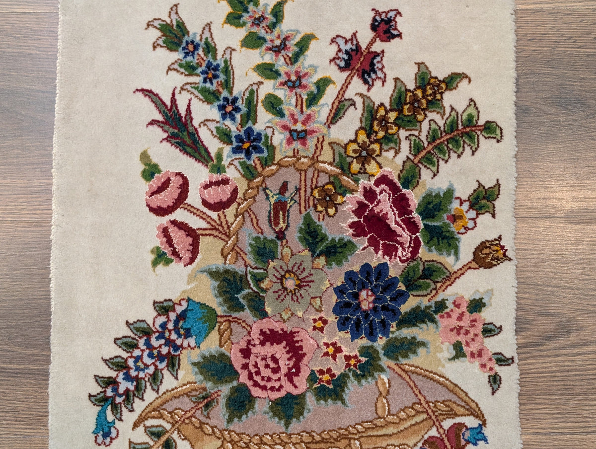 Small Persian Tabriz Vase Pictorial Rug 1x2, Accent Rug, Fine 320 KPSI Azerbaijan 1' 5" x 2' in Ivory and Multicolor - 2603L094