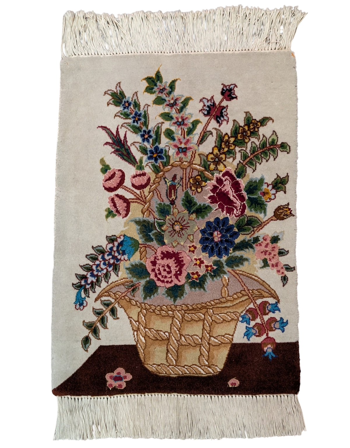Small Persian Tabriz Vase Pictorial Rug 1x2, Accent Rug, Fine 320 KPSI Azerbaijan 1' 5" x 2' in Ivory and Multicolor - 2603L094