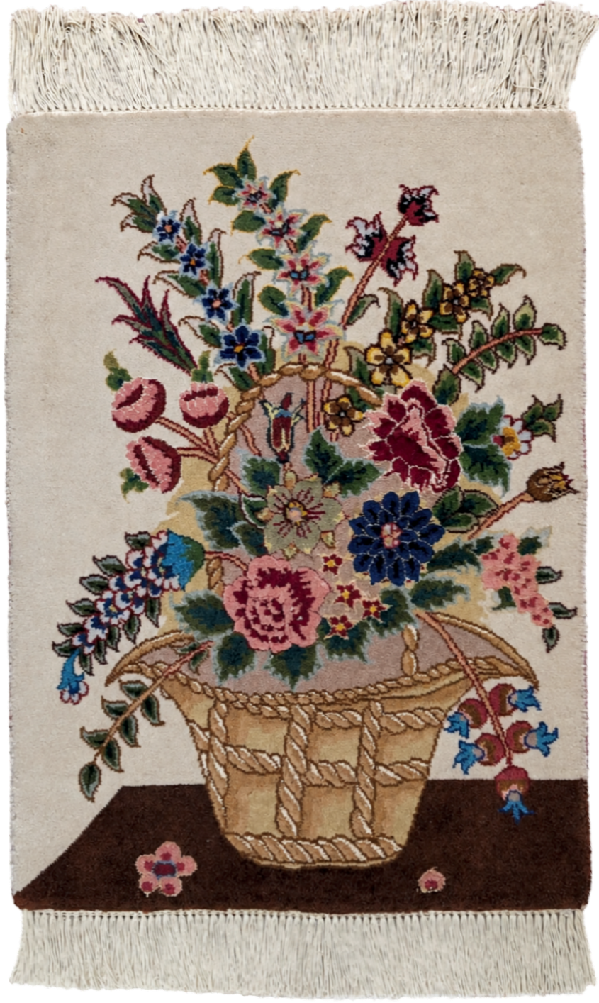 Small Persian Tabriz Vase Pictorial Rug 1x2, Accent Rug, Fine 320 KPSI Azerbaijan 1' 5" x 2' in Ivory and Multicolor - 2603L094