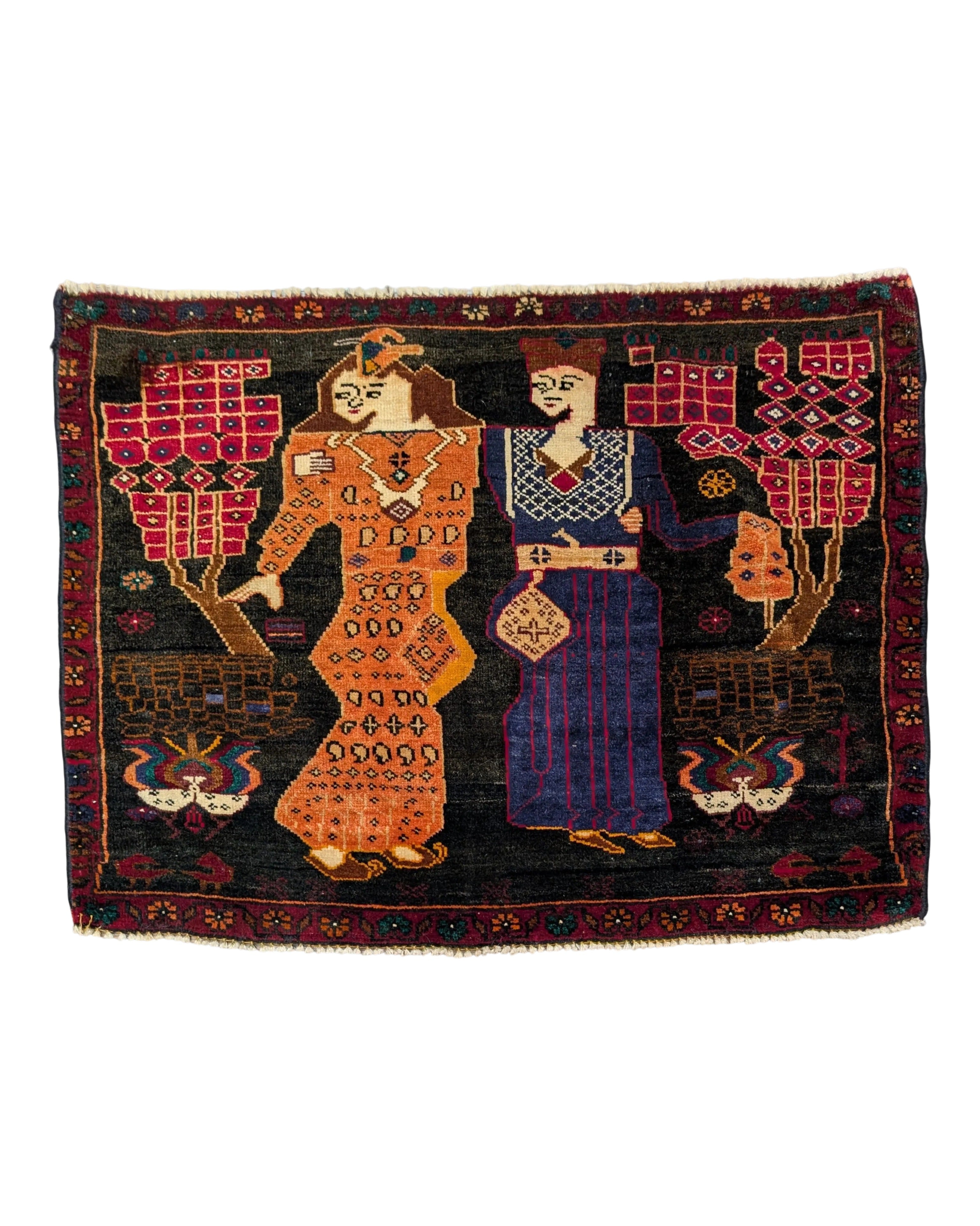 Small Persian Tribal Pictorial Rug 2x3, Couple and Bouquet of Flowers, Unique, Wool Baluch Rug Balochistan 2' 8" x 2' - 2508L010