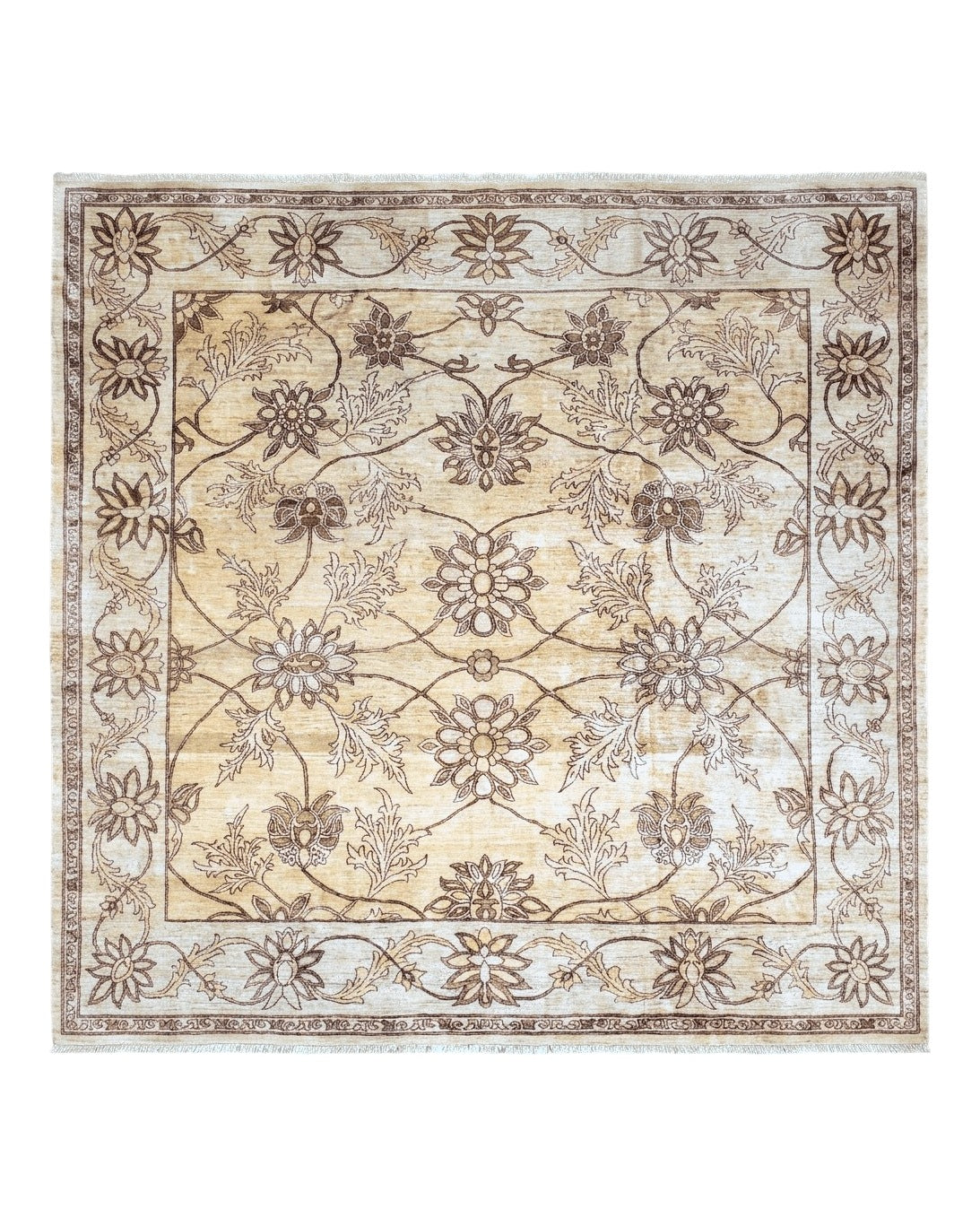 Oversized Peshawar Chobi Oushak Area Rug 11.6 x 12.5, Wool Hand-Knotted Light Gold & Ivory Decorative Pakistani Floral Carpet, 11x12 - 12x13