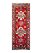 Antique Persian Karajeh Runner Rug 4.4 x 11 ft, Red Colorful Geometric Medallion Runner