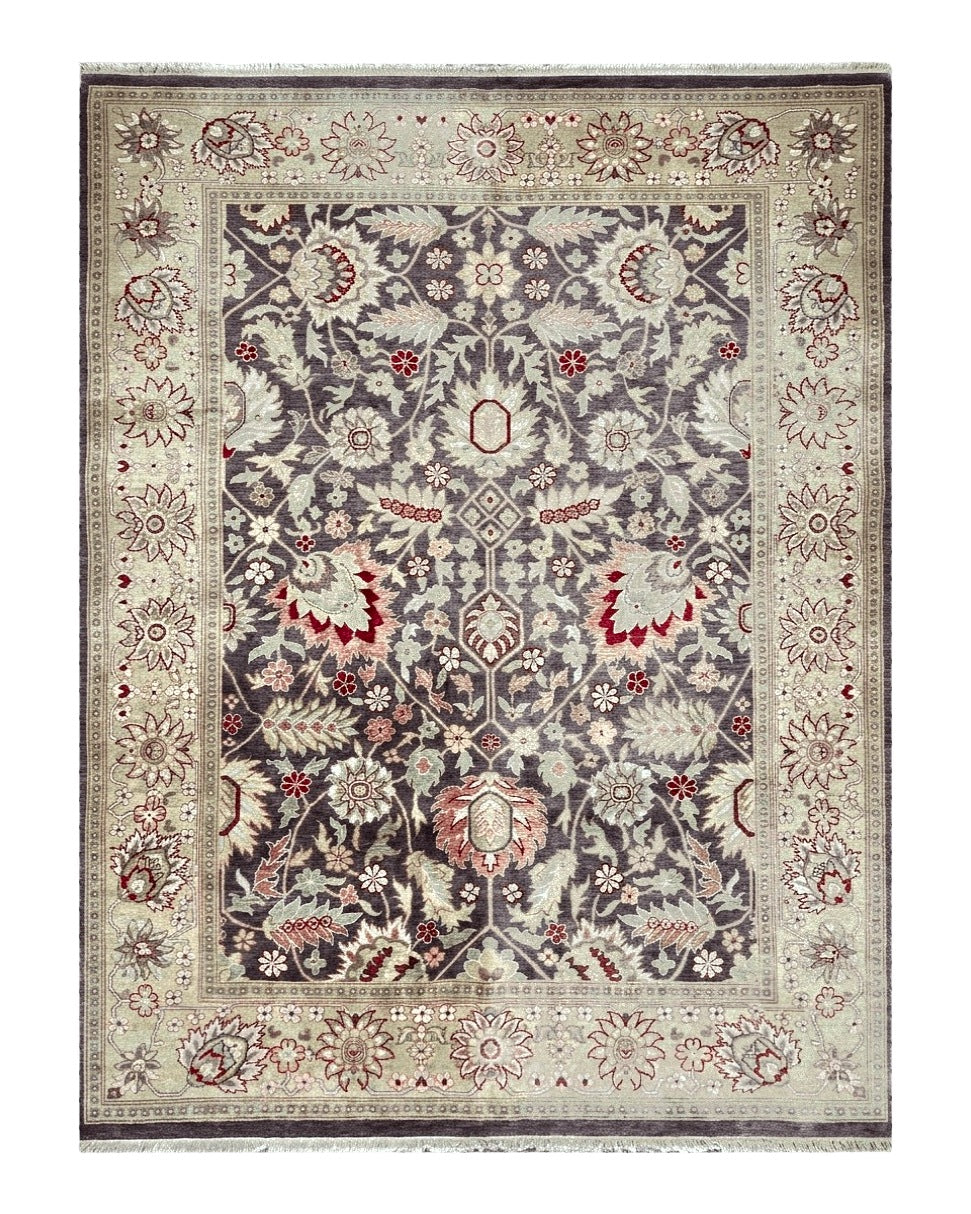 Vintage Indian Rug 9x12, Sultanabad Area Rug 9 x 12, Wool Hand Knotted Living Room Oriental Carpet, Eggplant and Khaki Color, Teawashed Rug
