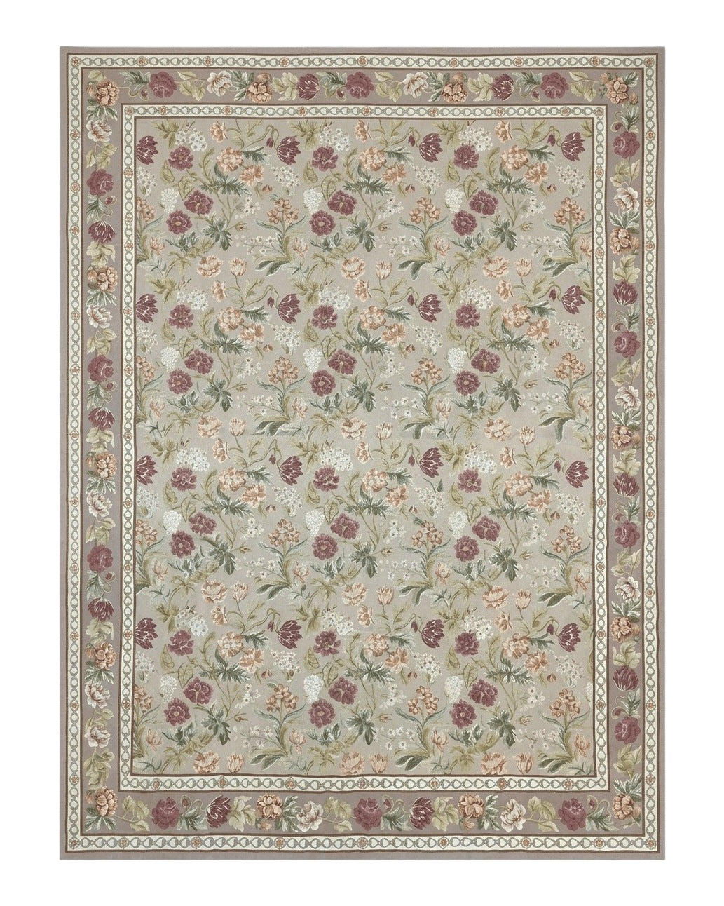 Aubusson Rug 9x12, Pink Beige Light Mauve, Handmade Allover Floral Roses, Wool Flatweave Carpet 9 x 12 ft, European French Design, Elegant