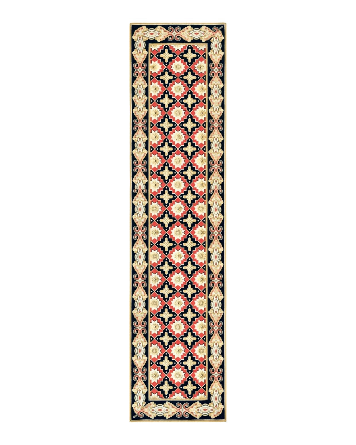 Vintage Runner Rug 3.5 x 14, Long Runner Rug, Stark Custom Made Carpet, European Design, Red Black Ivory Tan, Long Rug for Hallway