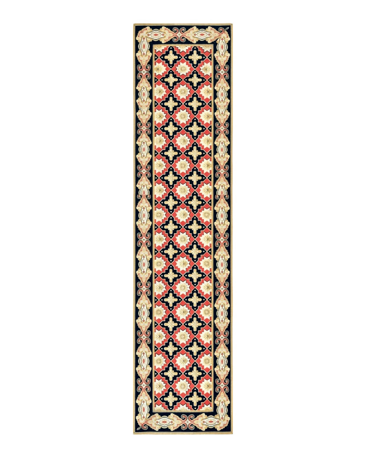 Vintage Runner Rug 3.5 x 14, Long Runner Rug, Stark Custom Made Carpet, European Design, Red Black Ivory Tan, Long Rug for Hallway