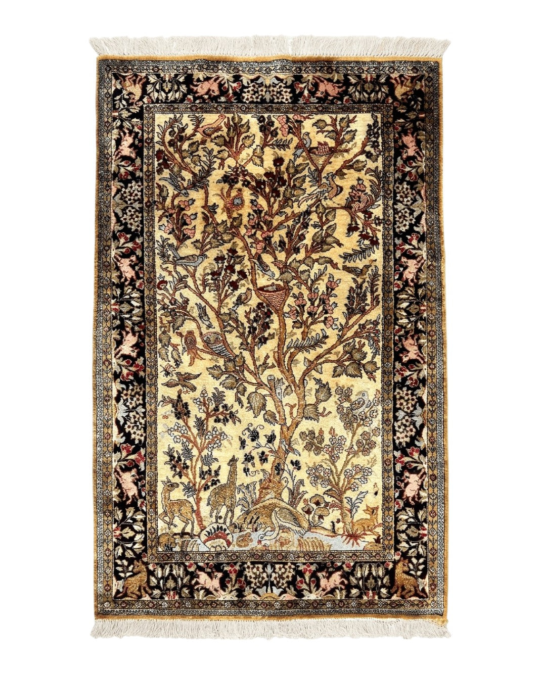 Silk Tree of Life Persian Qum Rug 3x4, Hand Knotted Vintage Carpet