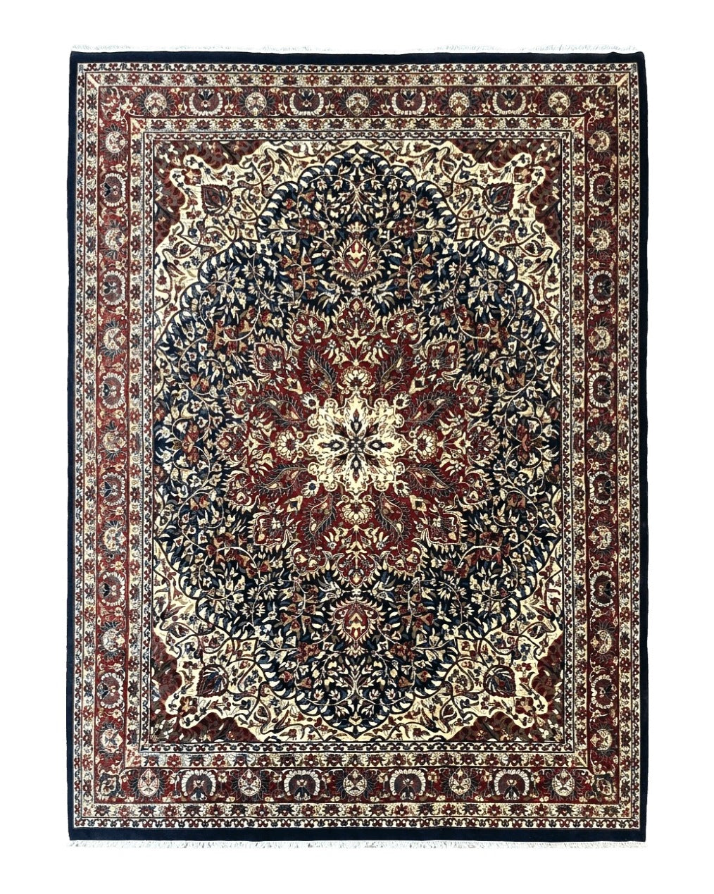 Indo Persian Rug 9x13, Floral Medallion, Midnight Blue & Burgundy, Hand Knotted Vintage Room Sized Traditional Wool Oriental Carpet