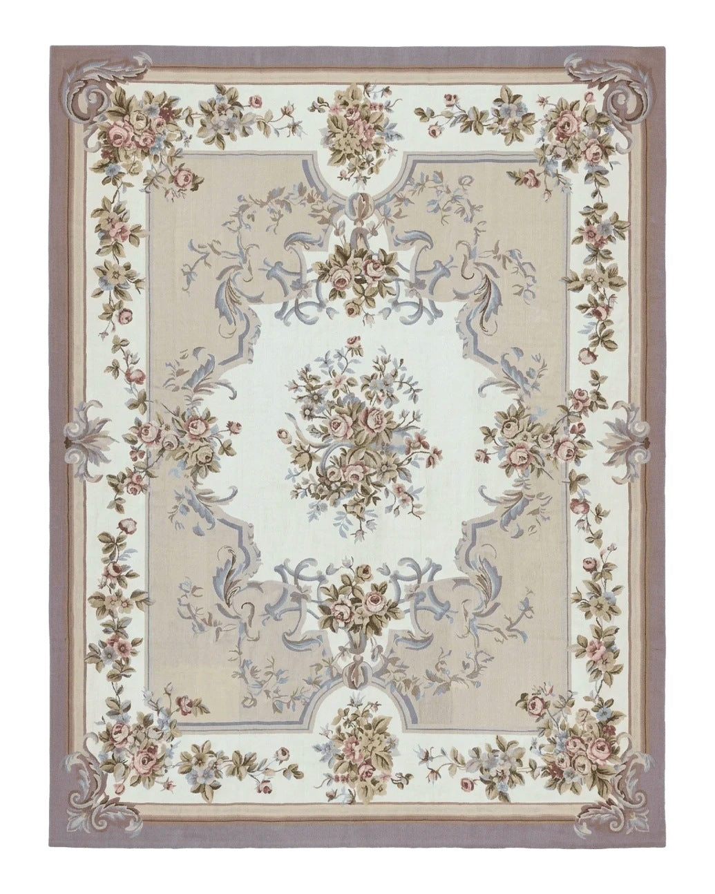 Aubusson Needlepoint Rug 9x12, VIntage Handmade Wool Beige Floral European Elegant Rug 9 x 12, Floral Roses
