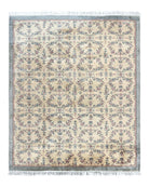 Sino Persian Rug 8x10, Floral, Oatmeal and Light Teal, Handmade Wool Vintage Carpet