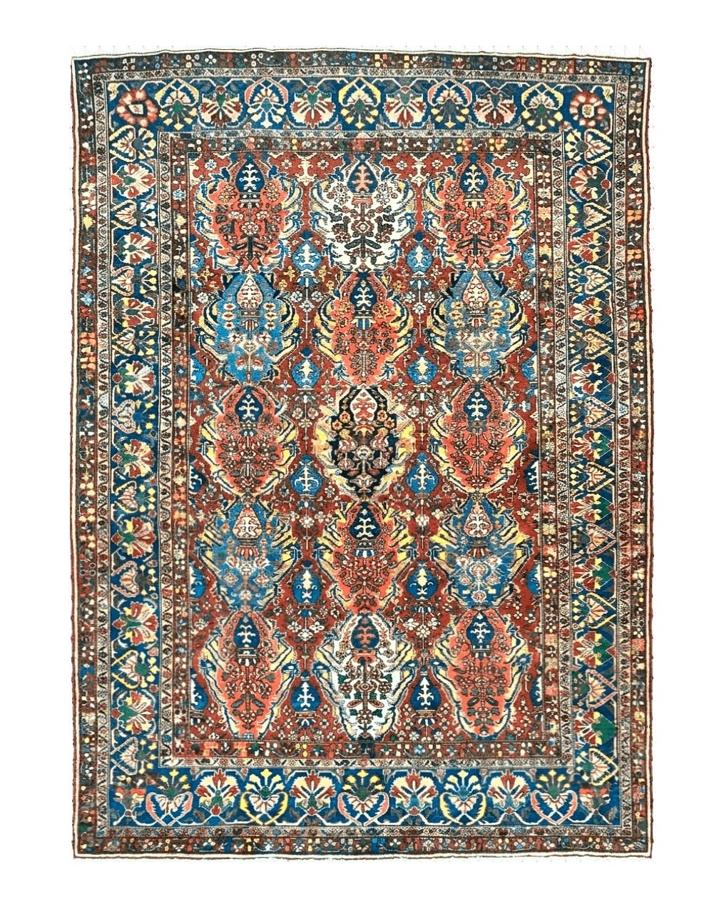 Large Persian Bakhtiari Rug 10x14, Rare Perisan Tribal Rug, Red Blue Ivory Multicolor, Hand Knotted, Semi Antique Carpet