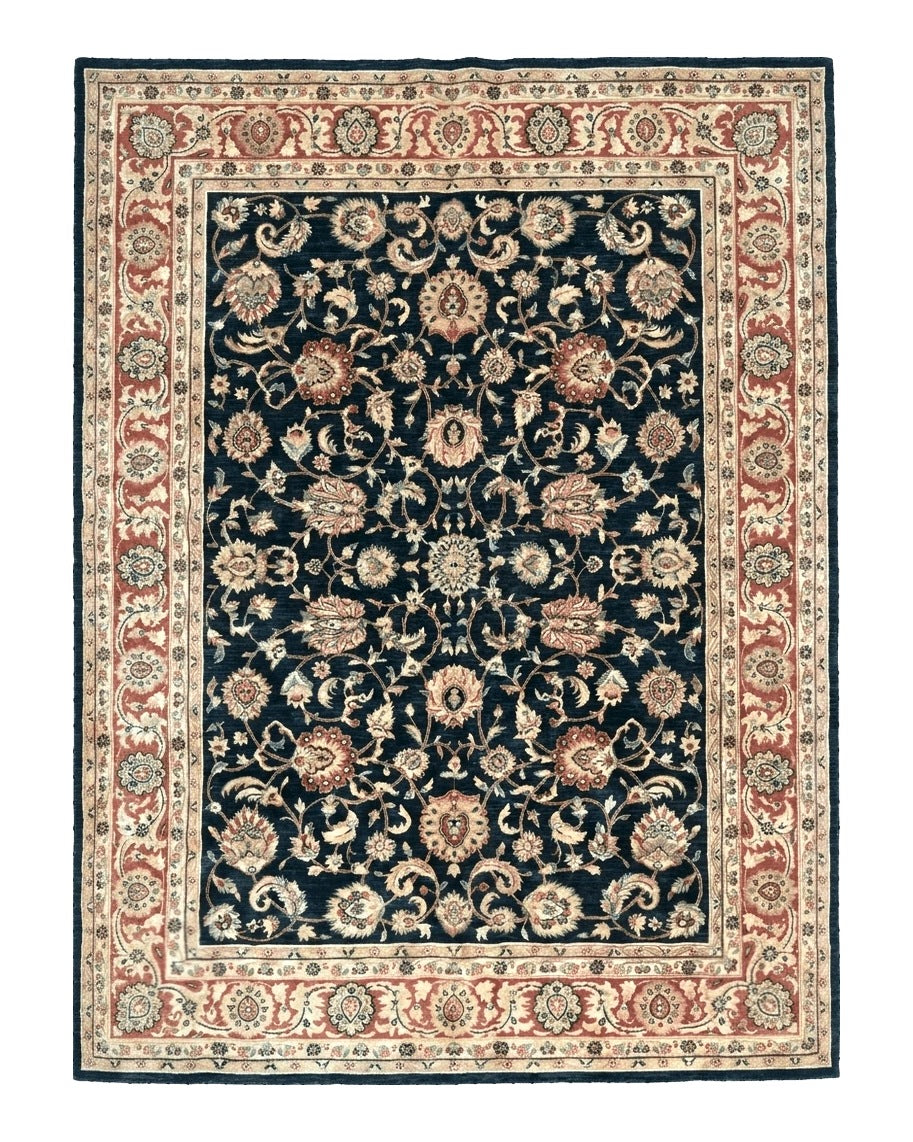 Vintage Oriental Rug 8x11, Floral Persian Design Carpet, Turkish Power Loomed Rug, Navy Blue Red Cream