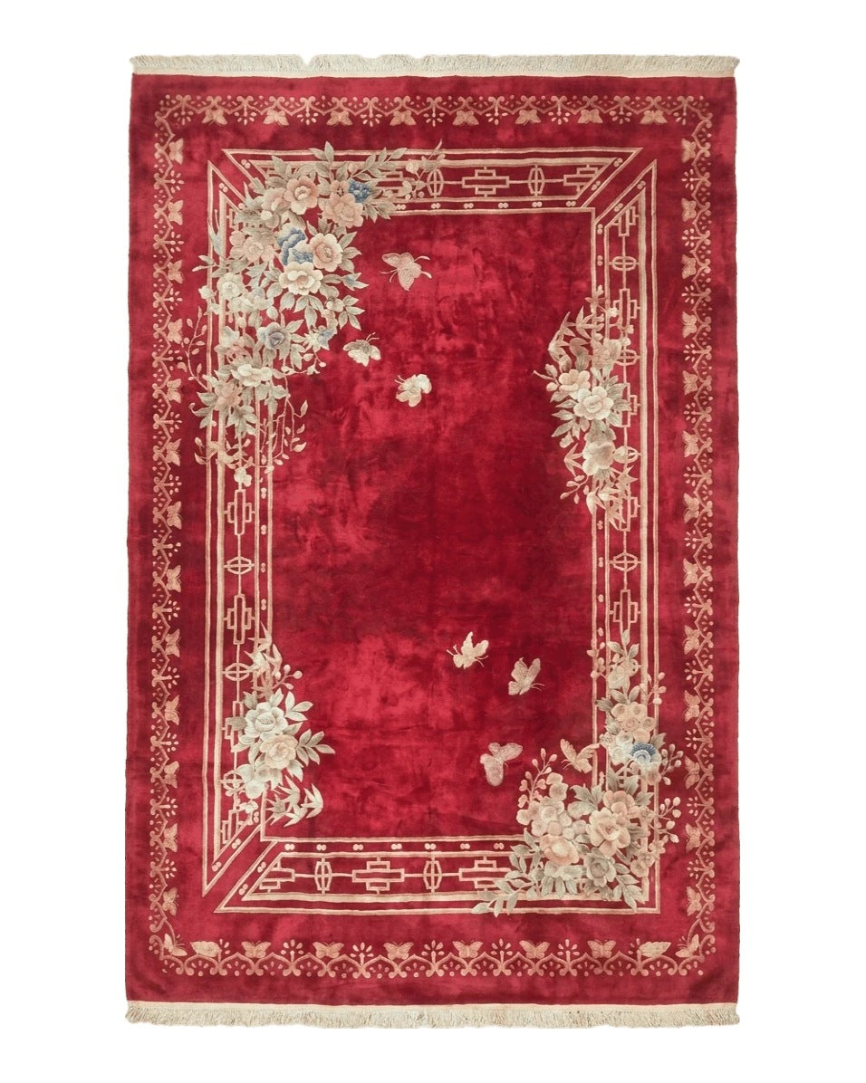 Palace Size Chinese Wool Rug 12x18, Red Art Deco Chinese Carving Carpet, Butterflies Flowers