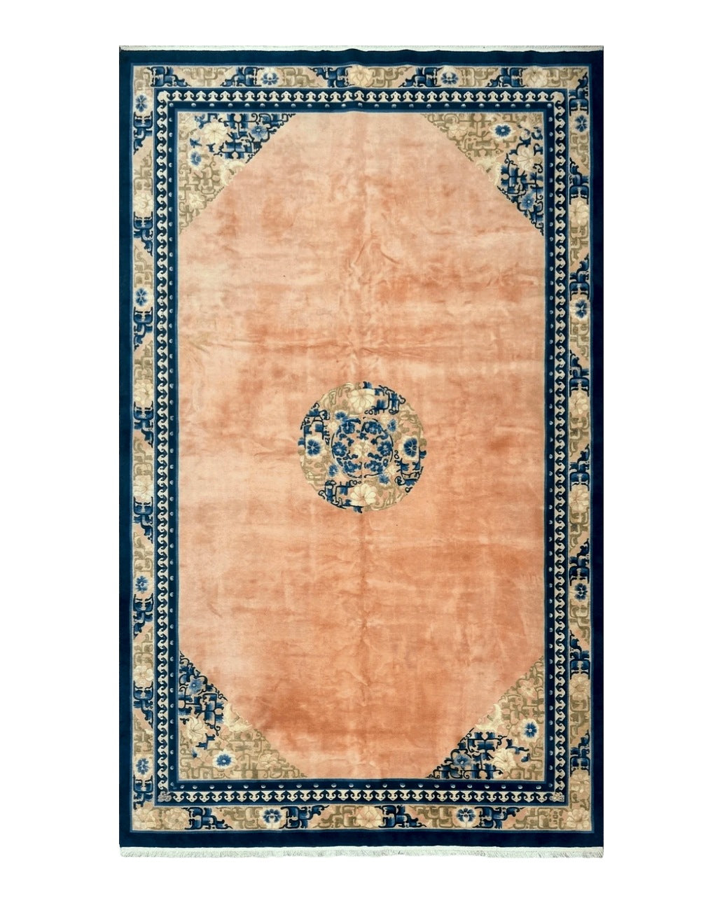 Chinese Wool Rug 11x18, Palace Sized Chinese Carpet, Peking Rug, Peach and Blue, Open Field, Simple Design, Art Deco Rug, Large Handmade Rug