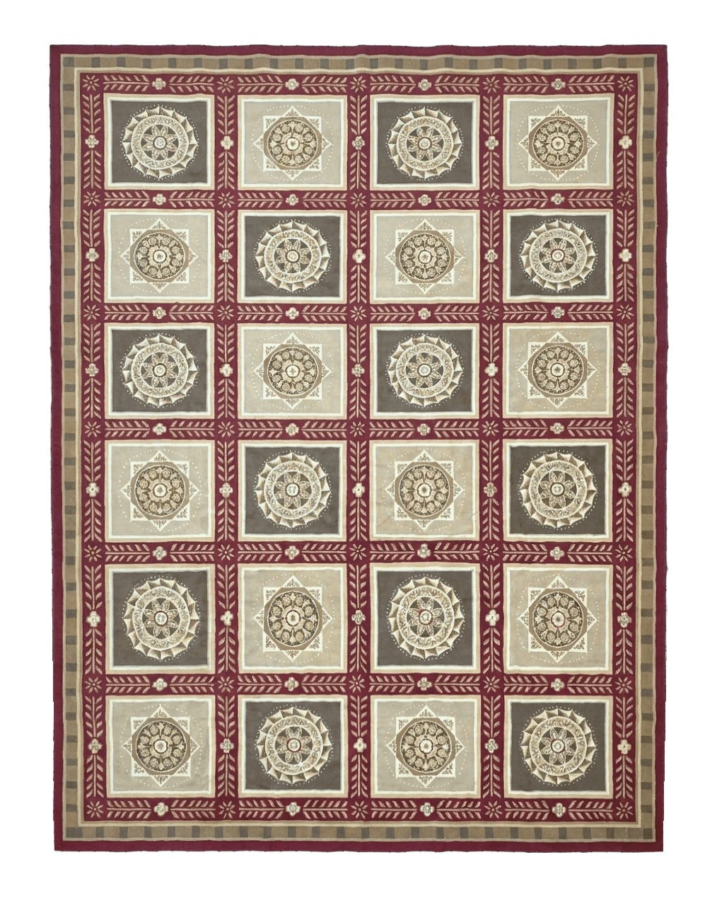 Needlepoint Rug 9x12, Panel Design, Burgundy Taupe, Elegant