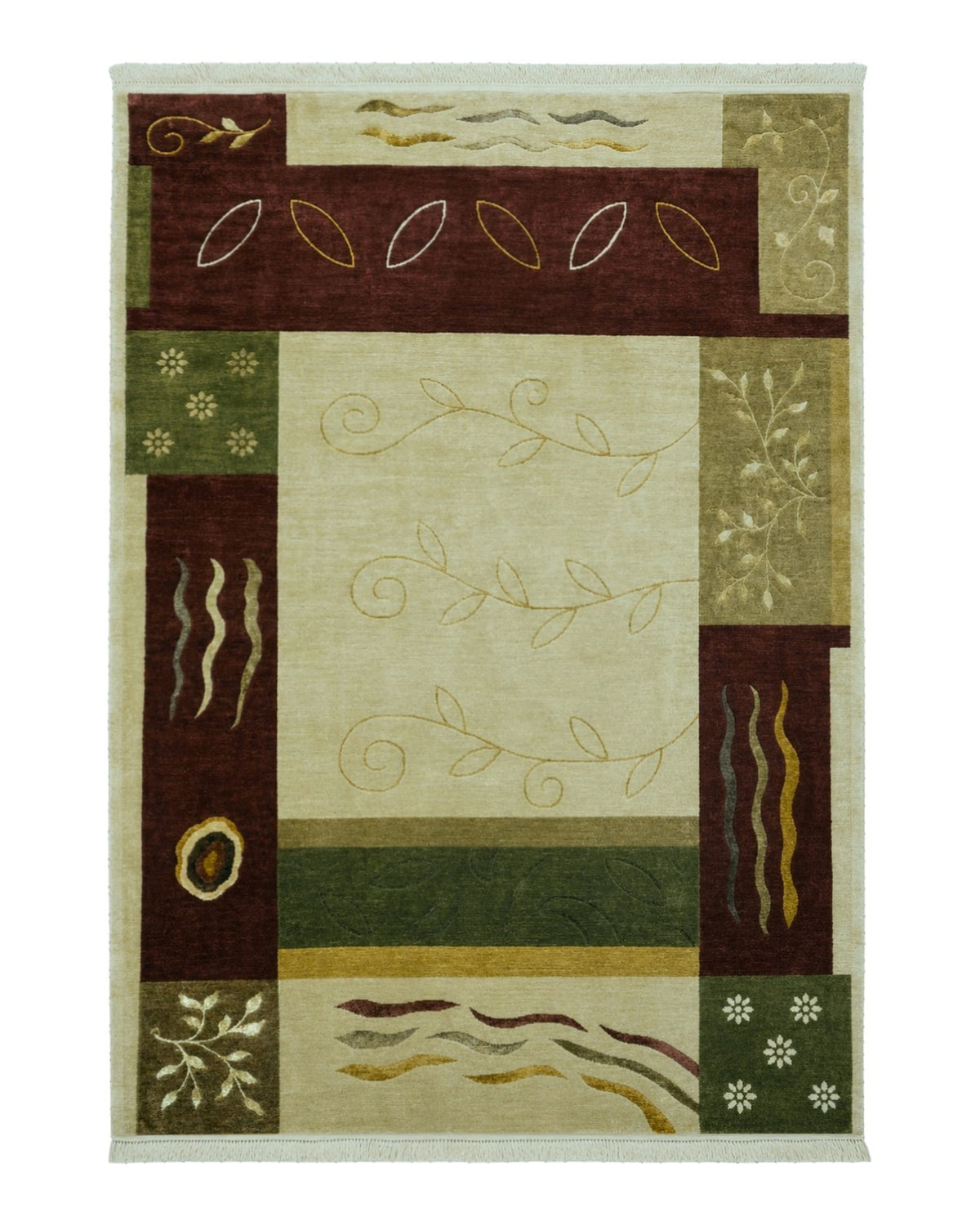 Tibetan Rug 6x9, Modern Abstract Tibet 6' 1" x 8' 11" in Cream and Burgundy, Green - 2605J003