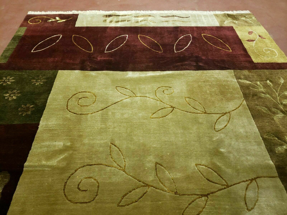 Tibetan Rug 6x9, Modern Abstract Tibet 6' 1" x 8' 11" in Cream and Burgundy, Green - 2605J003