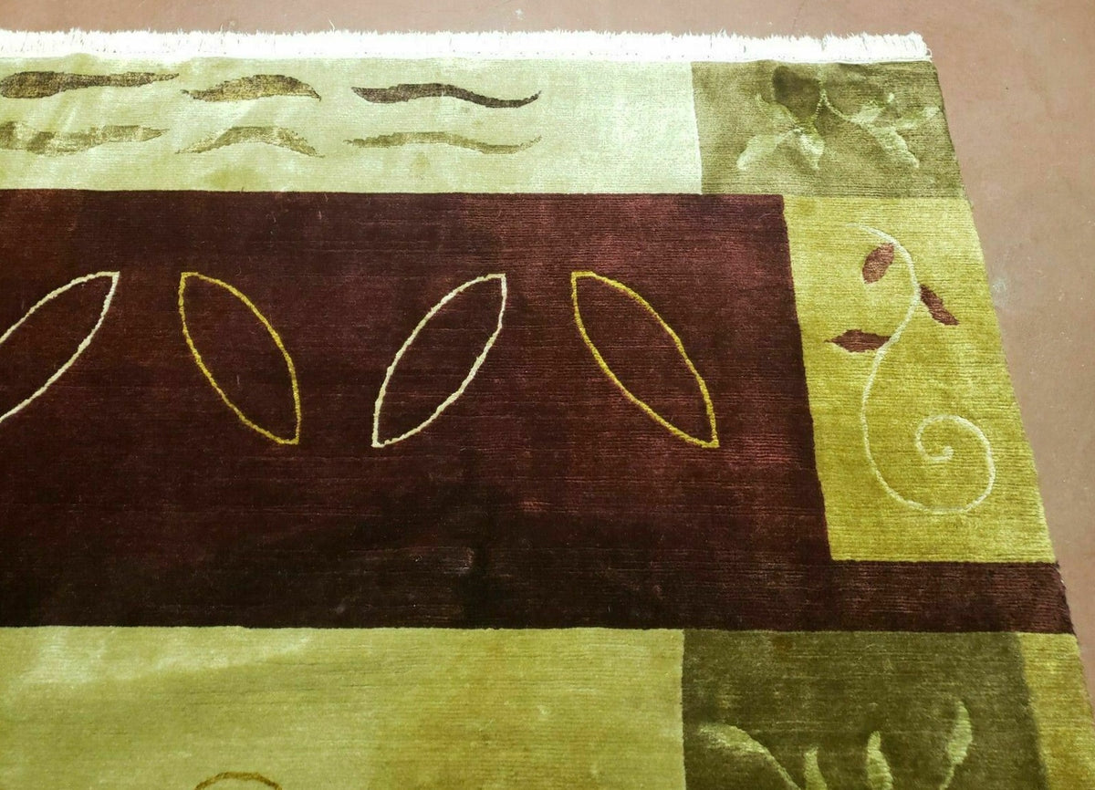Tibetan Rug 6x9, Modern Abstract Tibet 6' 1" x 8' 11" in Cream and Burgundy, Green - 2605J003