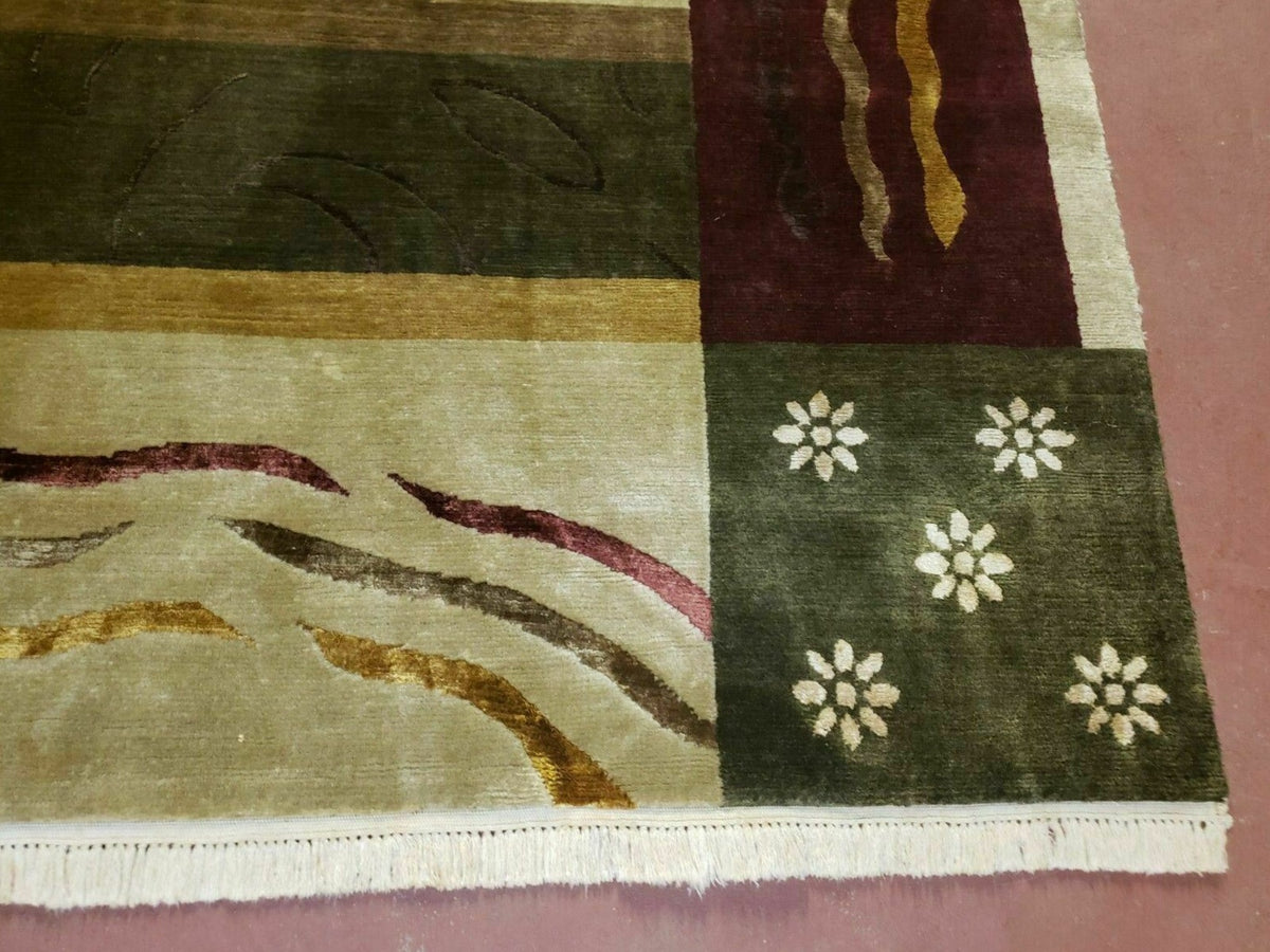 Tibetan Rug 6x9, Modern Abstract Tibet 6' 1" x 8' 11" in Cream and Burgundy, Green - 2605J003