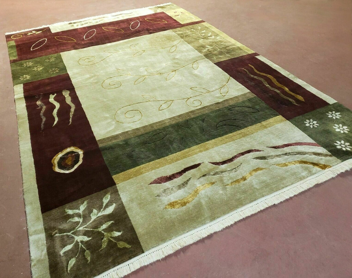Tibetan Rug 6x9, Modern Abstract Tibet 6' 1" x 8' 11" in Cream and Burgundy, Green - 2605J003